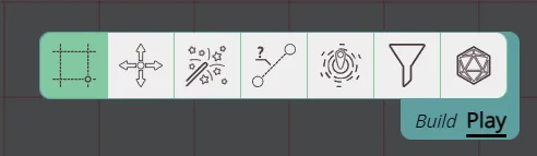Example of the toolbar of a GM in 'Build' mode with the Select tool active and the mode ready to be changed into Play mode, while the filter tool can be used, but not the vision tool.